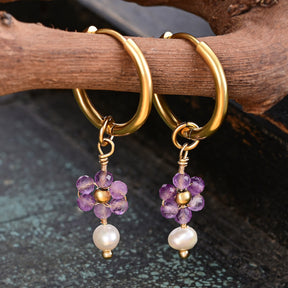 Amethyst Blossom Pearl Hoop Earrings