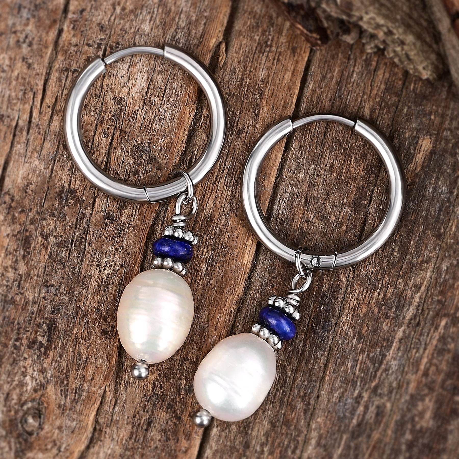 Silver Lapis Lazuli Pearl Hoop Earrings