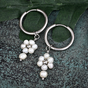 Silver Pearl Blossom Hoop Earrings