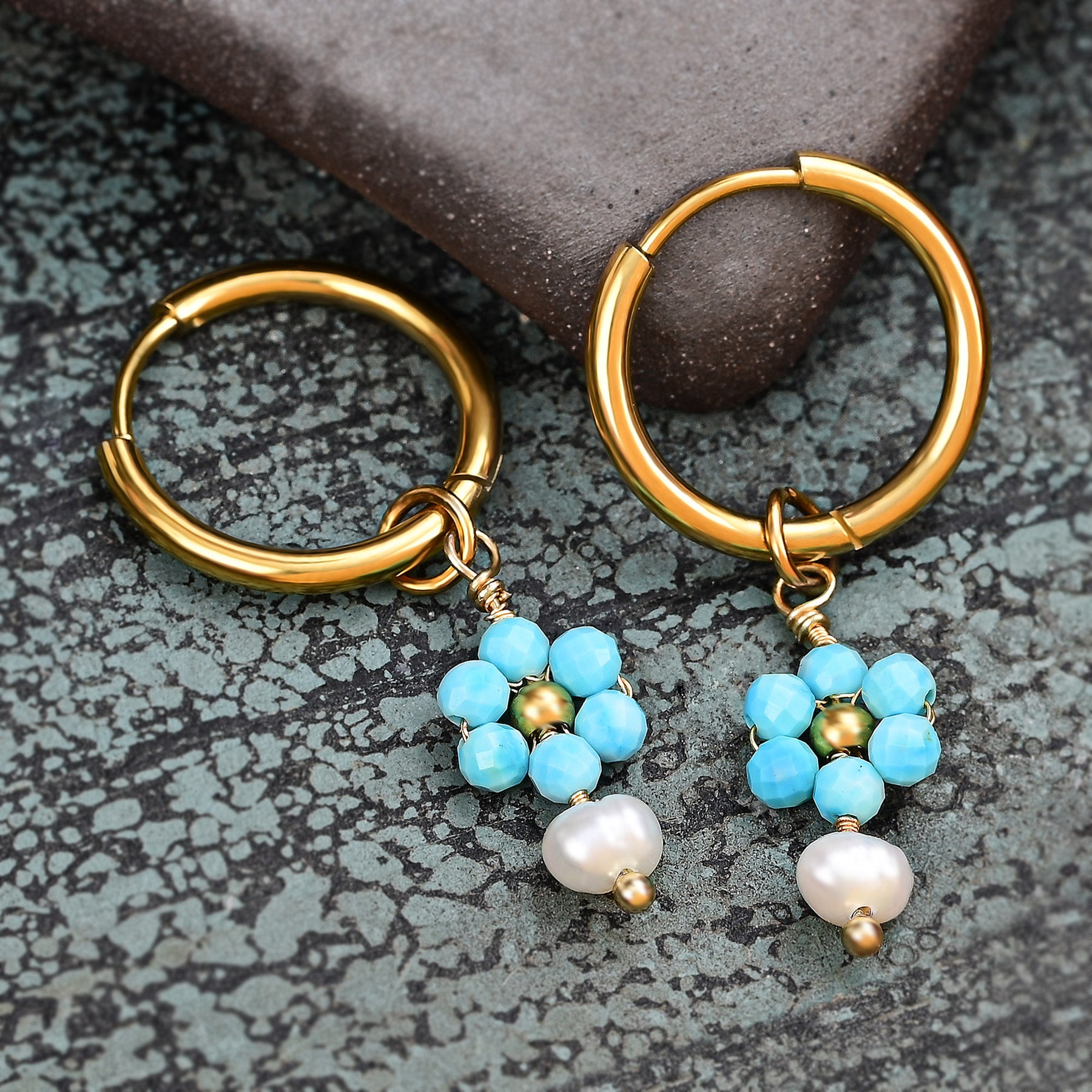 Turquoise Blossom Pearl Hoop Earrings