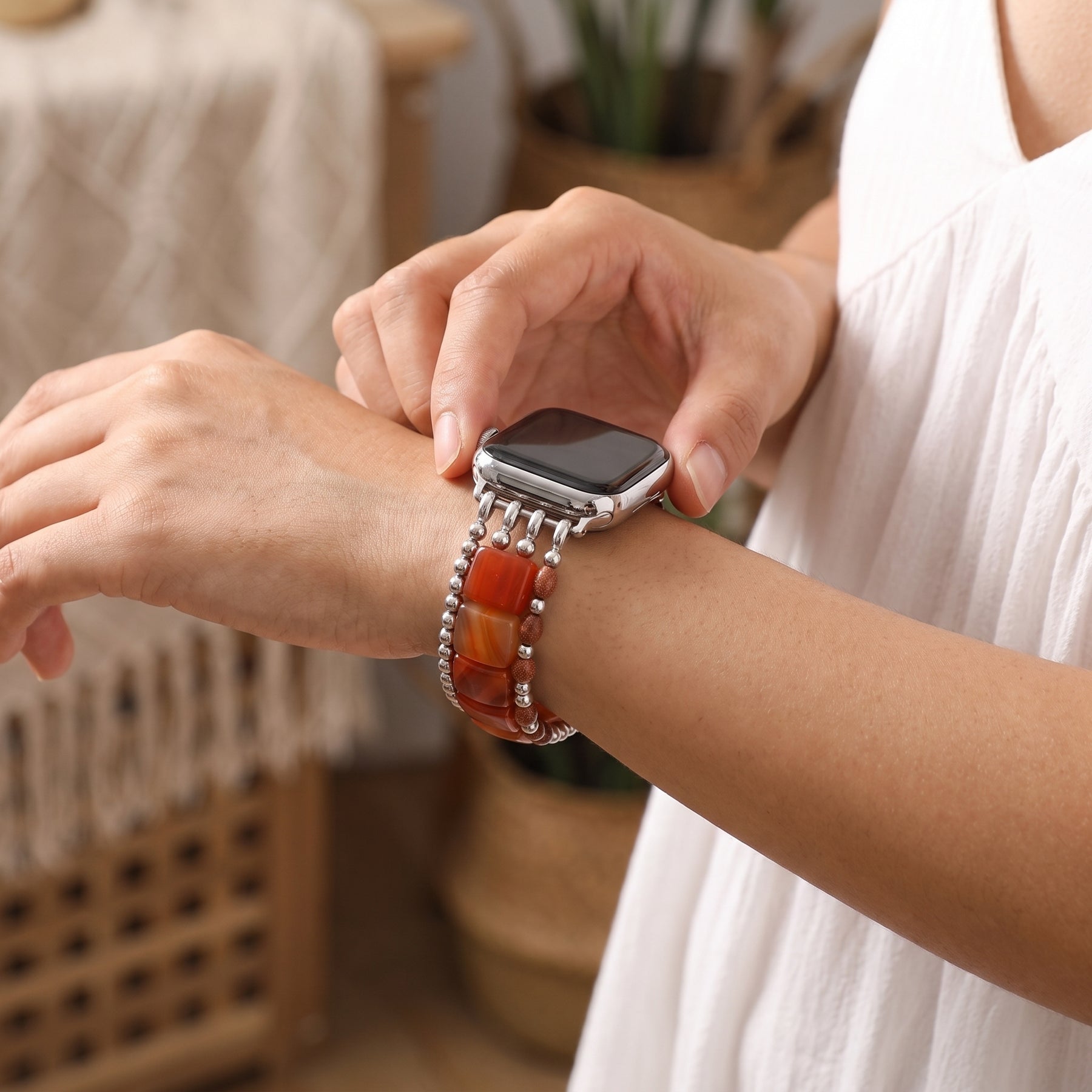Desert Flame Carnelian Stretch Apple Watch Strap Silver
